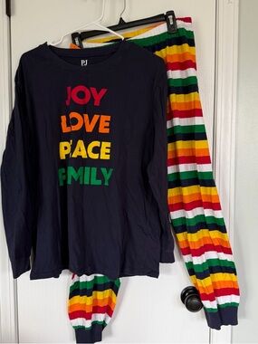 PJ Place 2 piece pajama set rainbow striped pants navy long sleeve top men’s XL